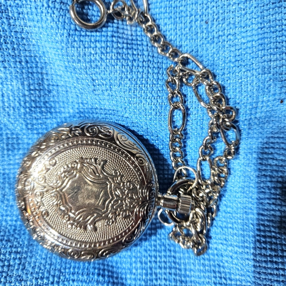 James Michael double sided silver pocket watch with chain